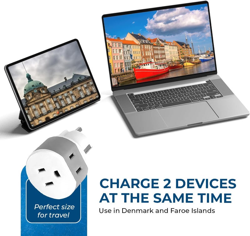 OREI Denmark Power Plug Adapter with 2 USA Inputs - Travel 3 Pack - 1 Type K & 2 Type E/F Safe Grounded Use with Cell Phones, Laptop, Camera Chargers, CPAP, and More - Image 3